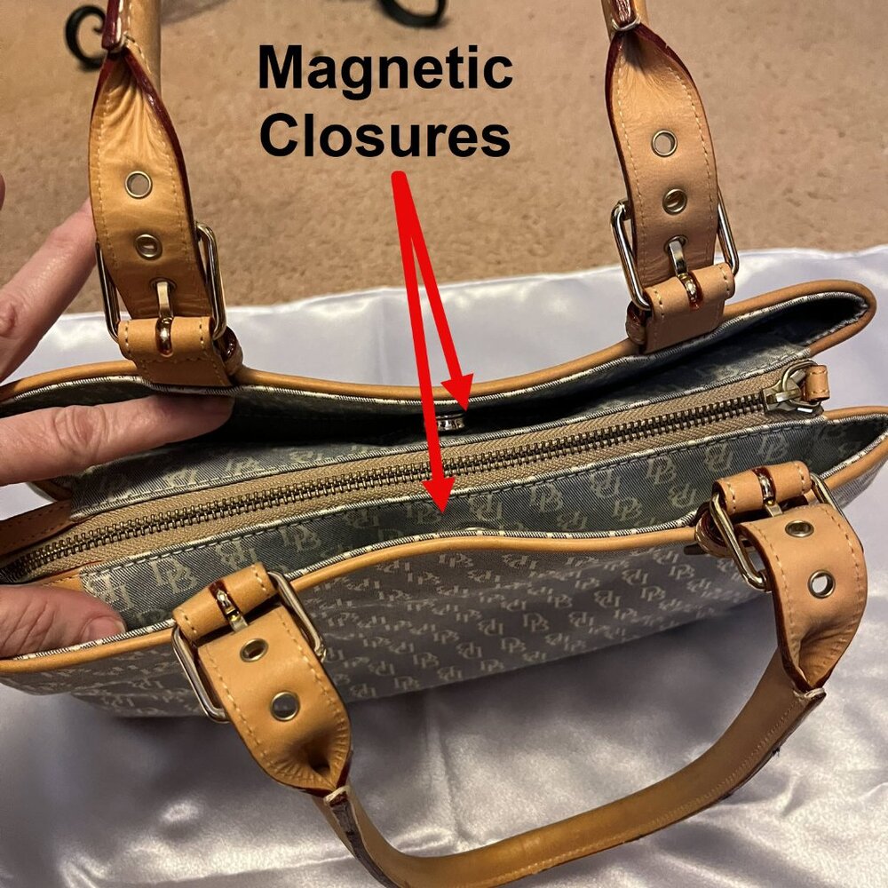 Dooney & Bourke Signature Buckle Satchel – Grey/White with Natural Trim - Picture 7 of 16